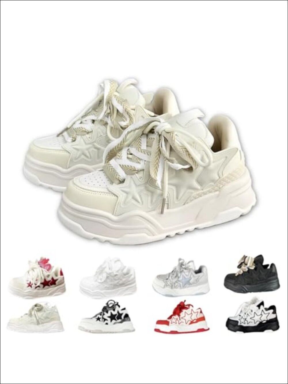 Unisex Chunky Platform Sneakers Lace-Up Mesh Star Decor Casual Dad Shoes